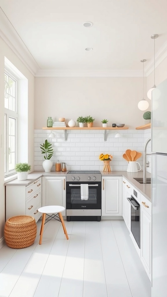 A bright and airy small kitchen with white cabinetry, light wood accents, and potted plants.