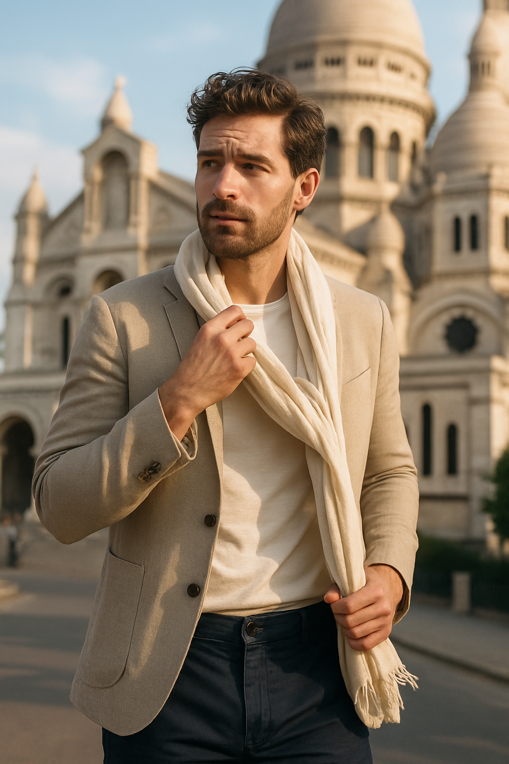 A man wearing a light scarf, blazer, and t-shirt with a beautiful building in the background.