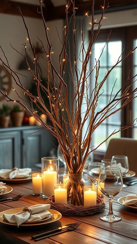 A rustic table setting featuring lighted branch centerpieces with candles and elegant tableware.