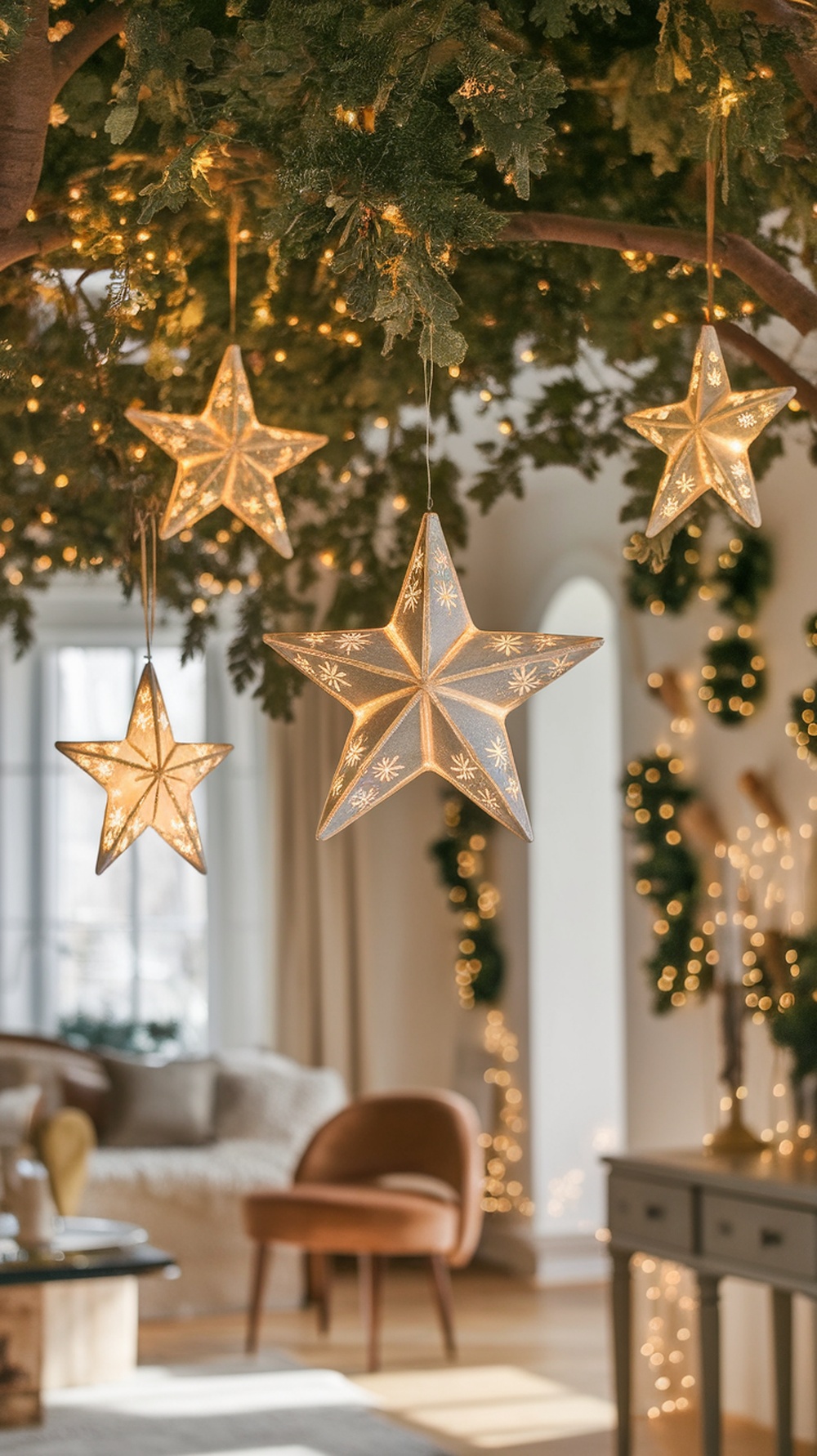 Lighted Christmas stars hanging from a tree with a cozy indoor setting in the background.