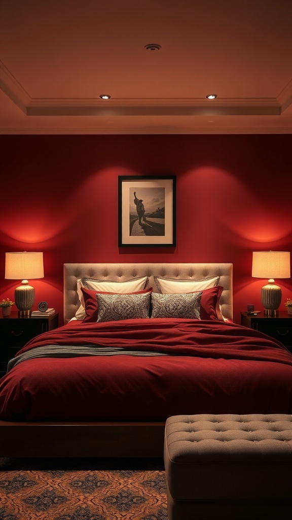 A cozy maroon bedroom featuring warm lighting, a plush bed, and stylish decor.