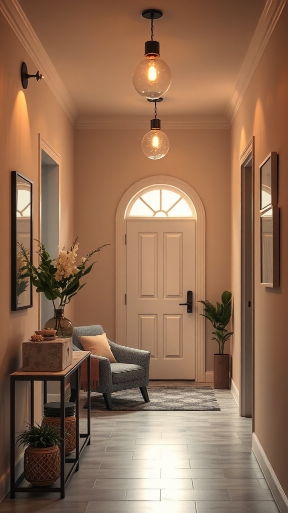 A cozy entryway featuring stylish lighting, a chair, and decorative plants.