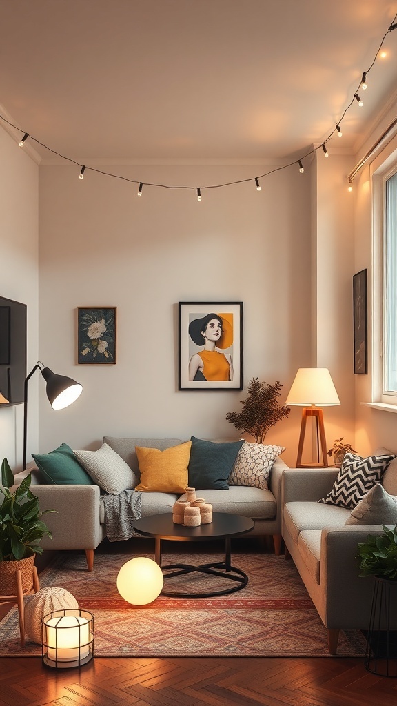 A cozy living room with various lighting options including string lights, floor lamps, and table lamps, creating a warm atmosphere.