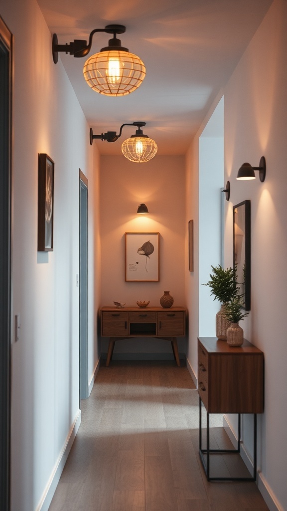 A well-lit small hallway featuring stylish light fixtures and decor.