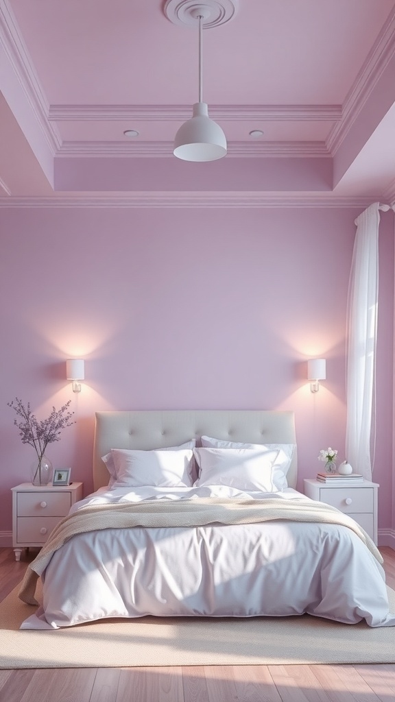 A lilac bedroom with soft lighting, featuring a bed with white linens, a nightstand, and a pendant light.