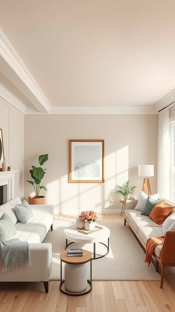 A cozy living room with a ceiling and walls painted the same neutral color, brightened by natural light.