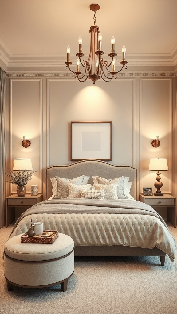 A soft beige bedroom featuring a chandelier and wall sconces, creating a warm and inviting atmosphere.