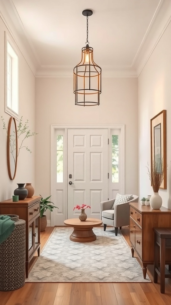 A stylish pendant light hanging in a small entryway with wooden furniture and a cozy atmosphere.