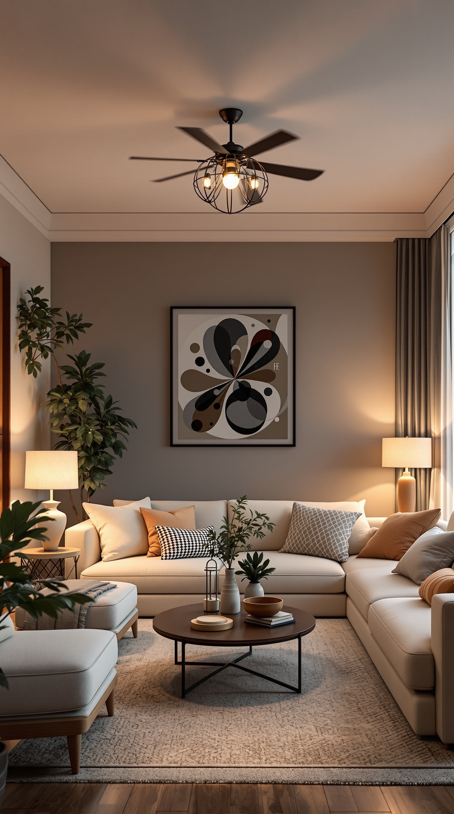 Cozy family room with stylish lighting and comfortable furniture