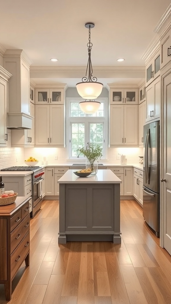 A modern galley kitchen featuring an island, pendant lighting, and ample natural light.
