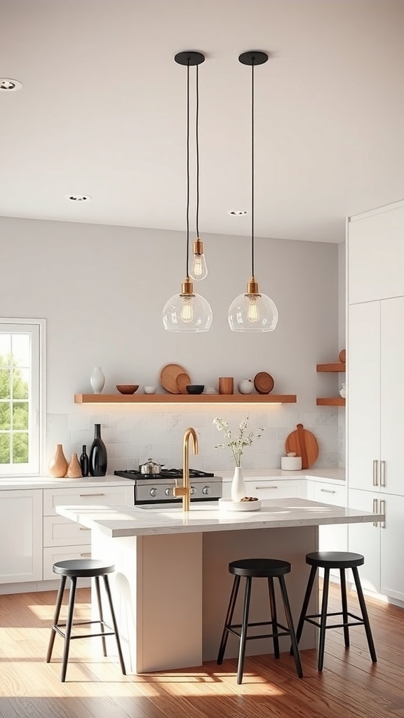 A modern kitchen with a small island, featuring three pendant lights above it.