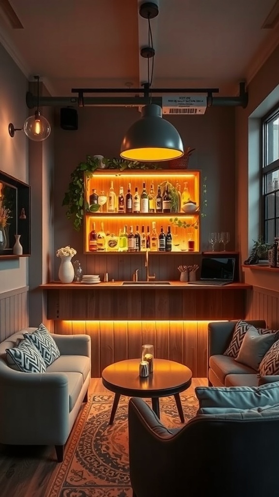 A cozy tiny bar with warm lighting, showcasing a selection of bottles on illuminated shelves, comfortable seating, and decorative elements.