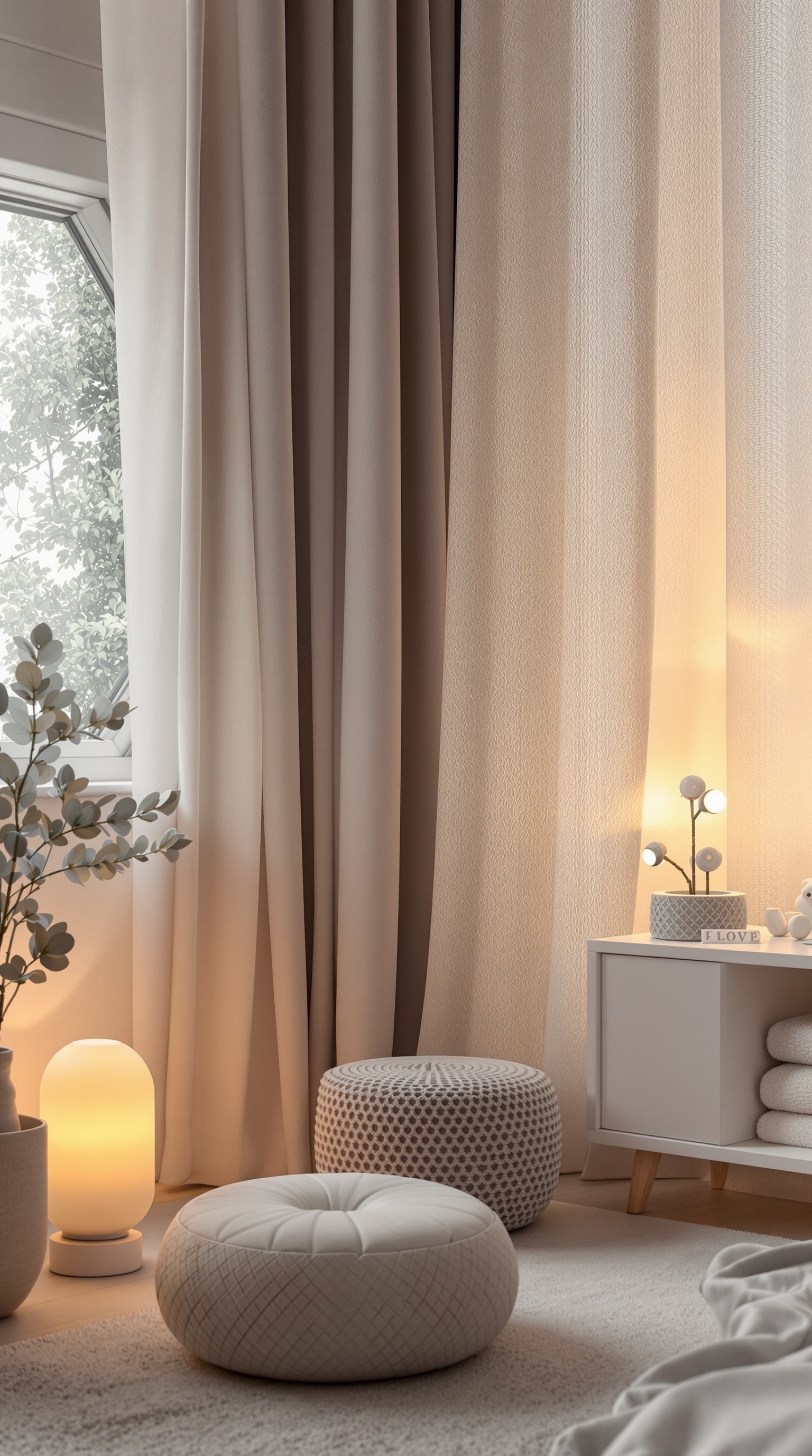 A cozy baby room with soft lighting, curtains, and decorative elements.
