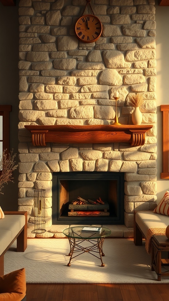 A rustic stone fireplace with a wooden mantel, decorated with a clock and a vase, surrounded by cozy seating.
