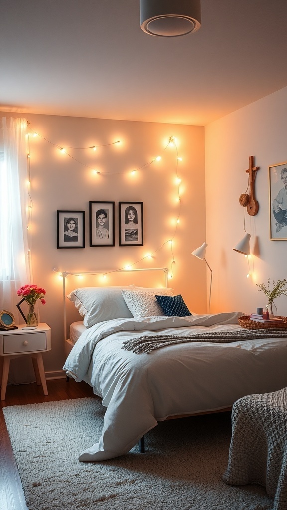 A cozy small teen bedroom with warm fairy lights, a bedside lamp, and natural light filtering through sheer curtains.
