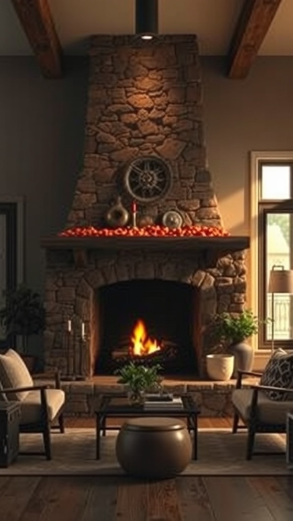 Cozy living room with a rustic stone fireplace, featuring warm lighting and comfortable seating.