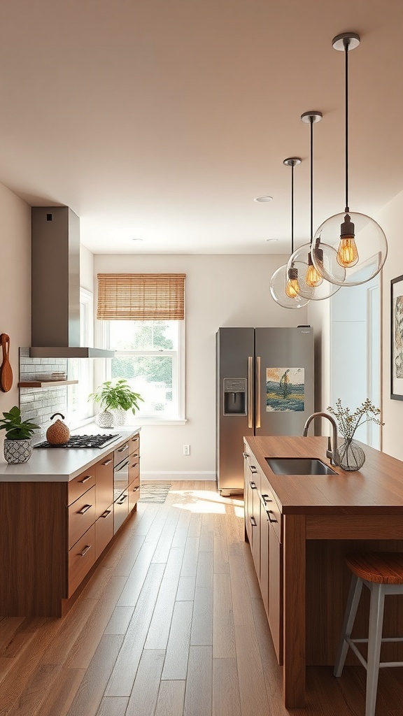 Modern kitchen featuring a narrow island illuminated by stylish pendant lights.