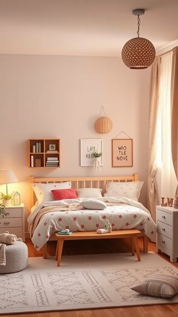 A cozy shared kids bedroom with warm lighting and soft decor.