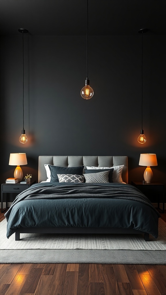 A dark grey bedroom featuring pendant lights and table lamps, creating a cozy atmosphere.