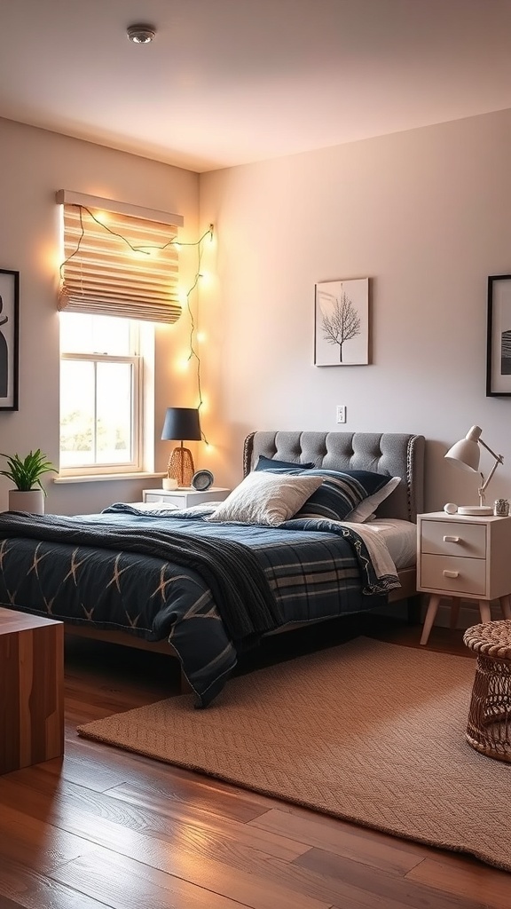 A cozy teen bedroom featuring warm lighting, a neatly made bed, and decorative elements.