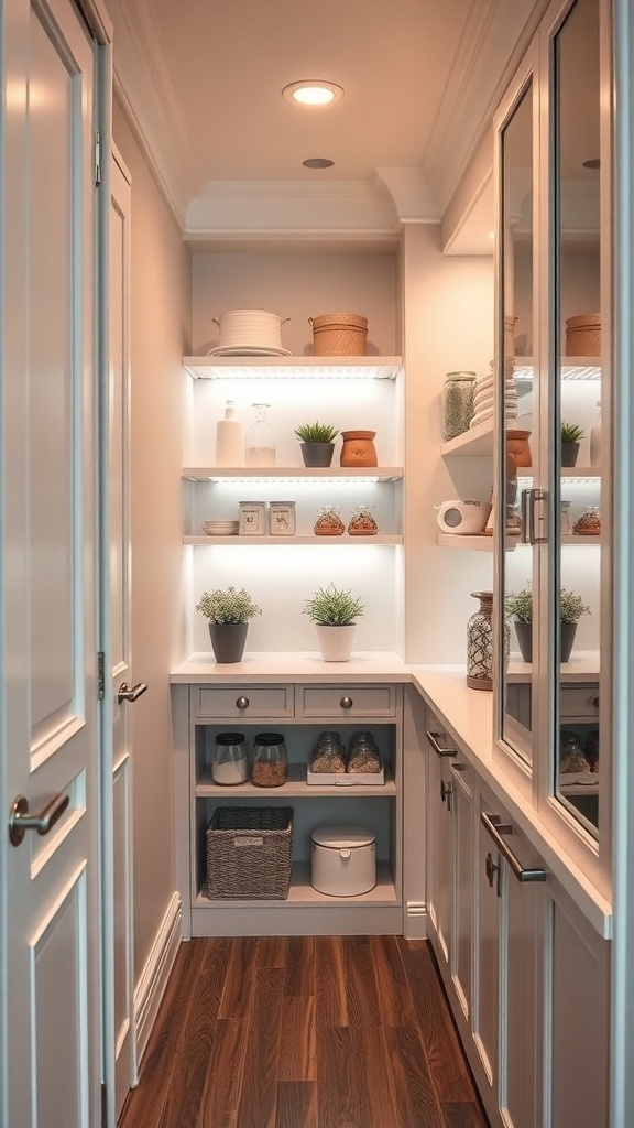 A small walk-in pantry with shelves illuminated by LED lights, featuring a warm ceiling light and mirrored surfaces.