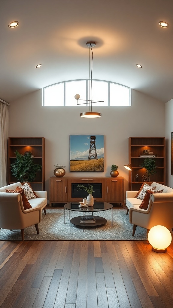 Cozy mid-century modern living room with stylish lighting and furniture