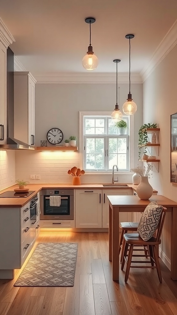 A small apartment kitchen with pendant lights, under-cabinet lighting, and a large window.
