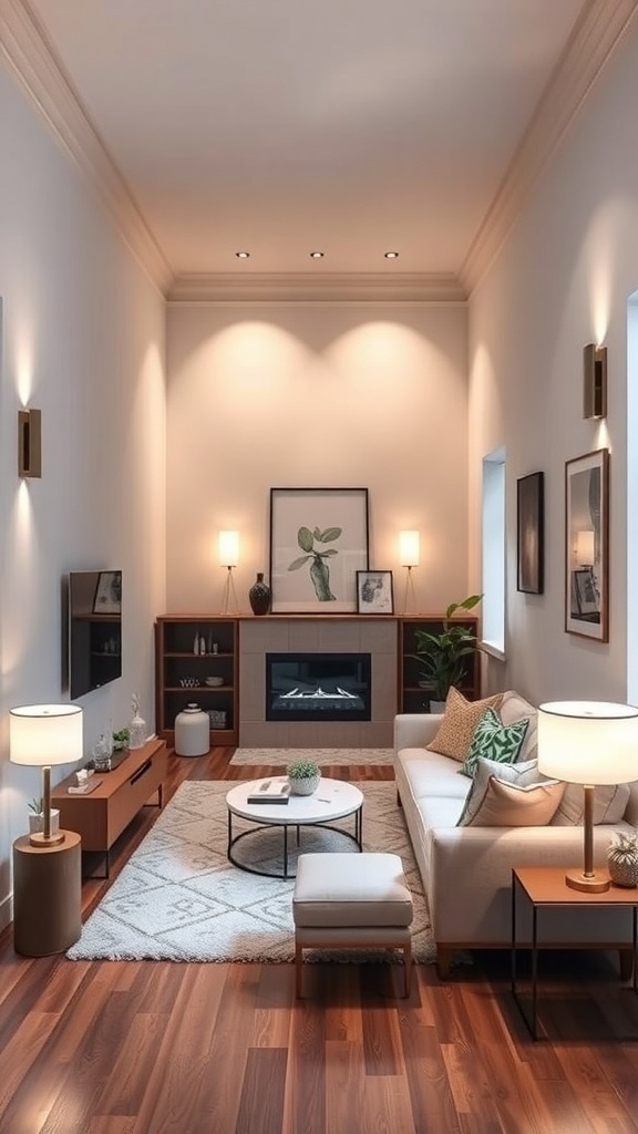 A narrow living room with warm lighting, featuring a sofa, coffee table, and decorative elements.