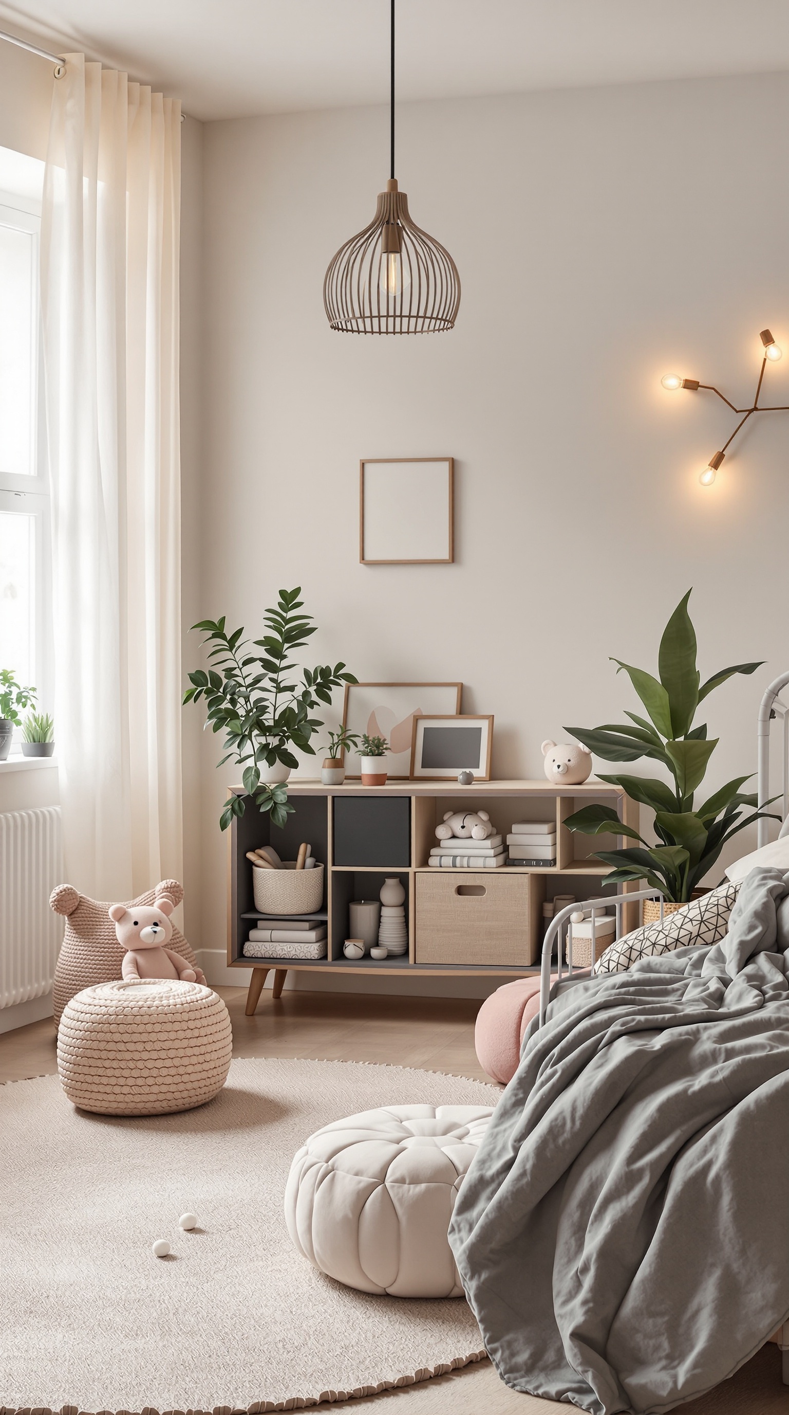 A cozy Japandi kids room with soft lighting, featuring a pendant light and natural light from the window.