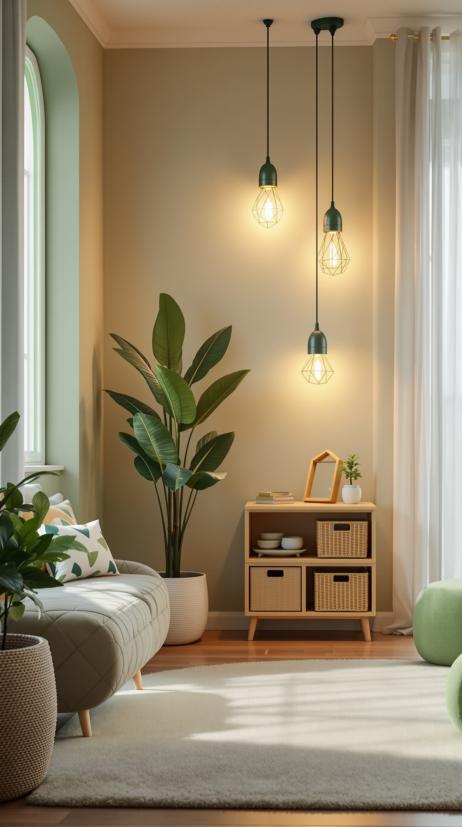 A cozy kids' room with green walls, stylish pendant lights, and indoor plants.