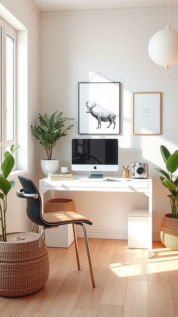 A small, stylish desk setup with a computer, plants, and decorative items in a bright room.