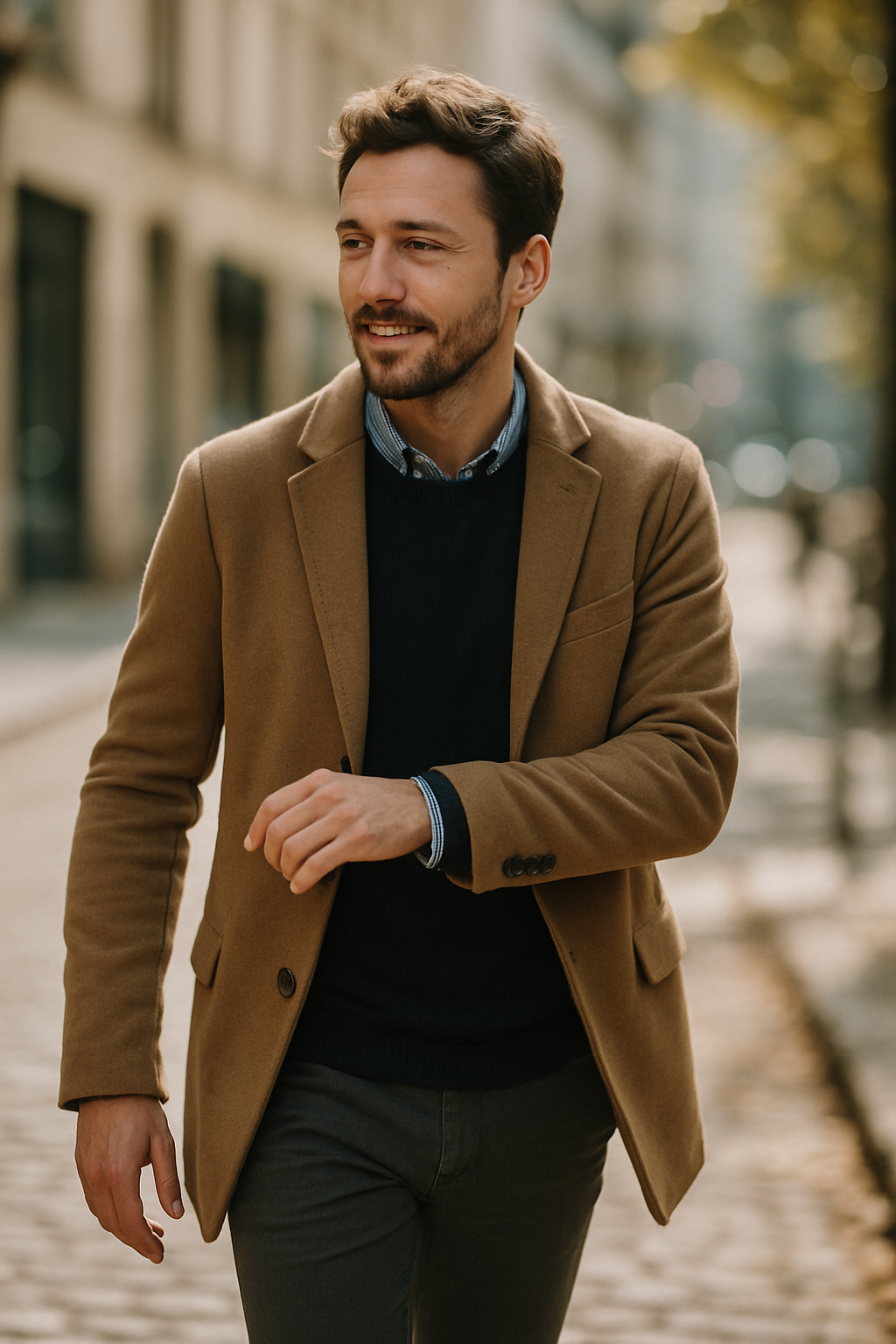 A man wearing a lightweight brown blazer over a navy sweater, walking confidently on a city street.
