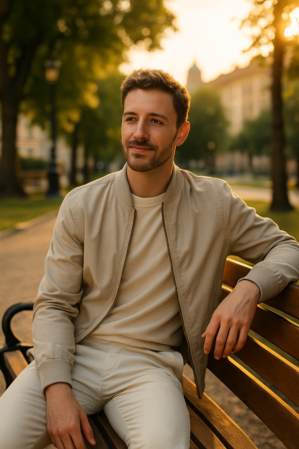 A man in a lightweight beige bomber jacket sitting on a bench in a park during sunset.