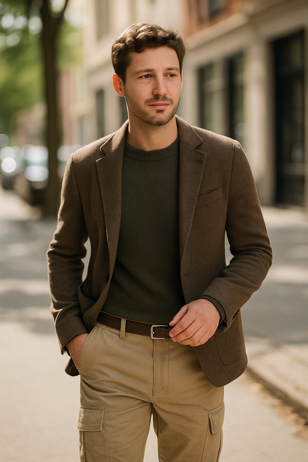 A man wearing lightweight beige cargo pants with a brown blazer and green sweater, walking on a city street.
