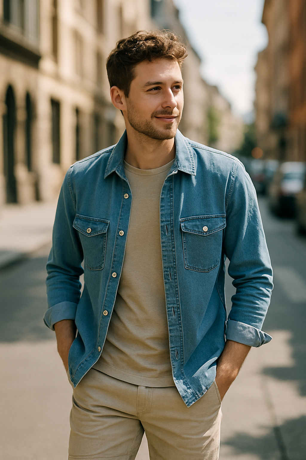 A man wearing a lightweight denim jacket over a t-shirt, standing on a city street.
