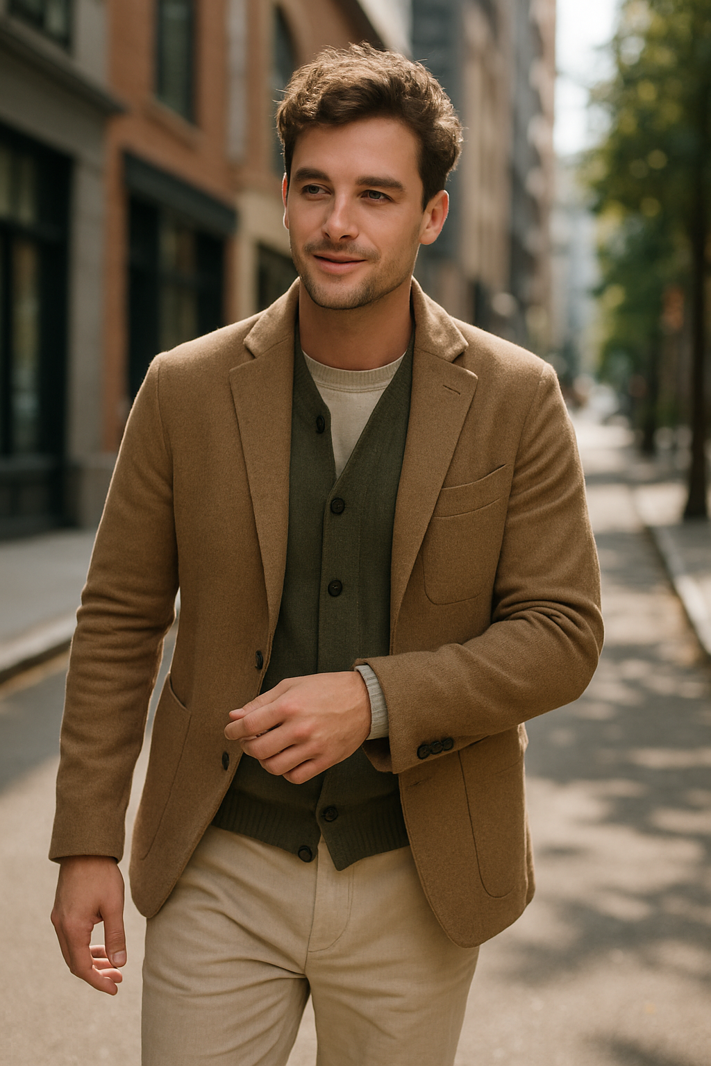 A man wearing a lightweight dress shirt with a blazer, walking on a city street.