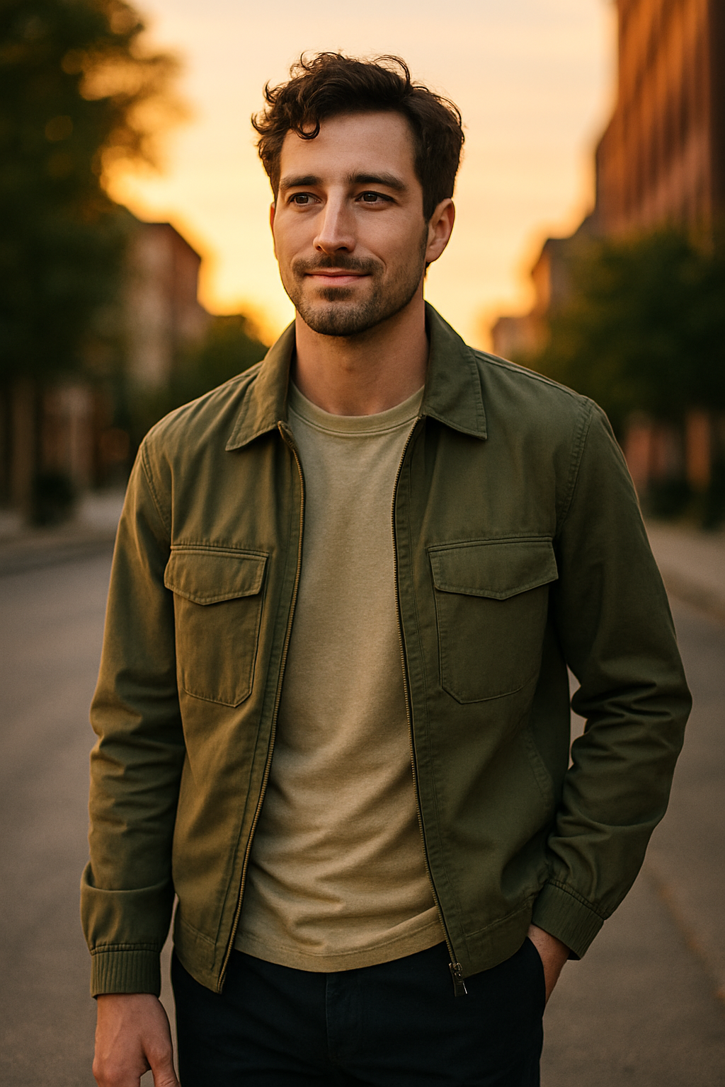 A man wearing an olive green lightweight jacket over a tee, standing on a city street at sunset.