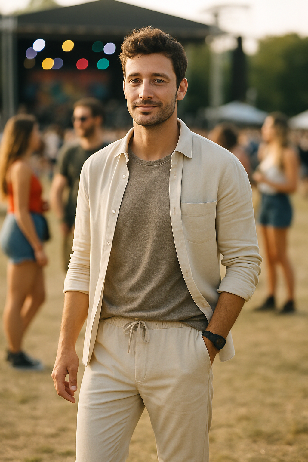 A man wearing lightweight joggers and a casual shirt at a summer event.