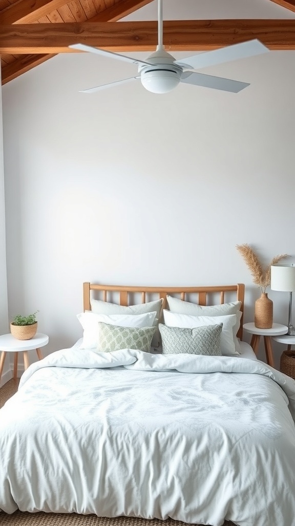A coastal teen bedroom featuring lightweight linen bedding, wooden bed frame, and natural decor.