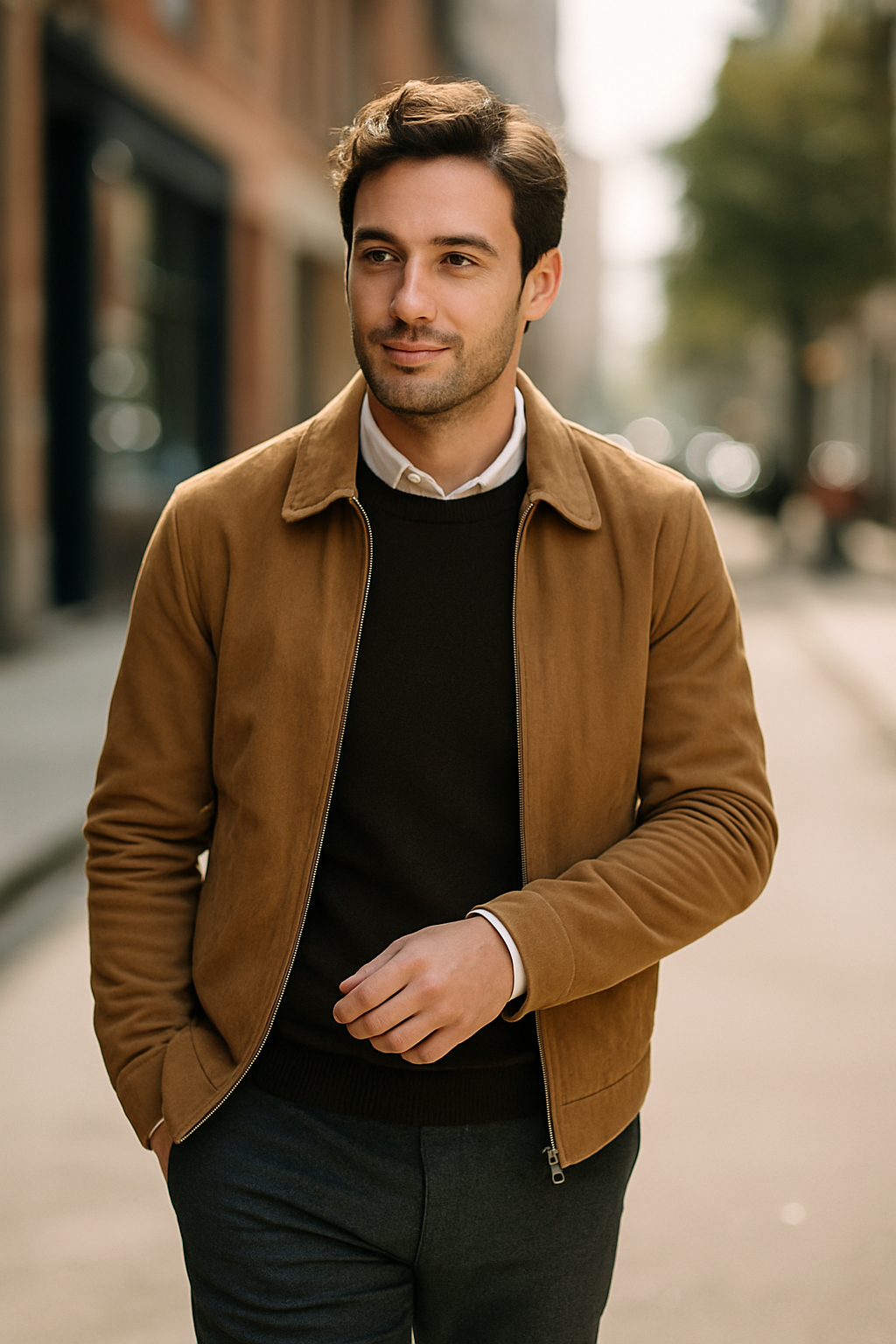 A man wearing a stylish outfit with a blazer, showcasing a relaxed yet polished look suitable for summer weddings.