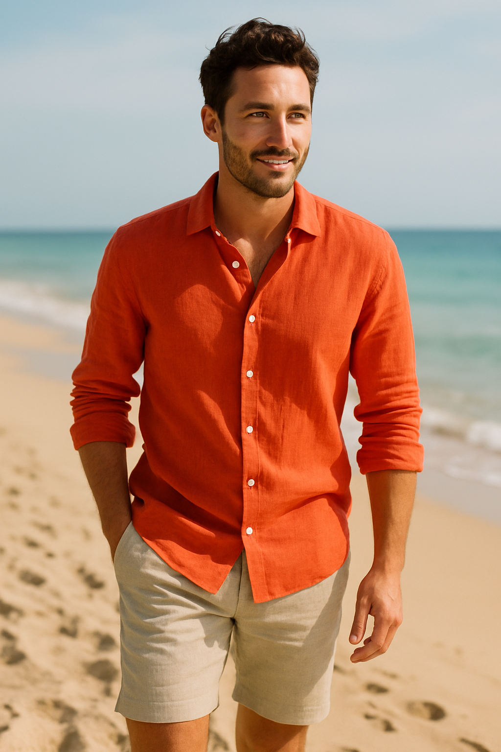 A man in an orange linen shirt and light shorts walking on the beach
