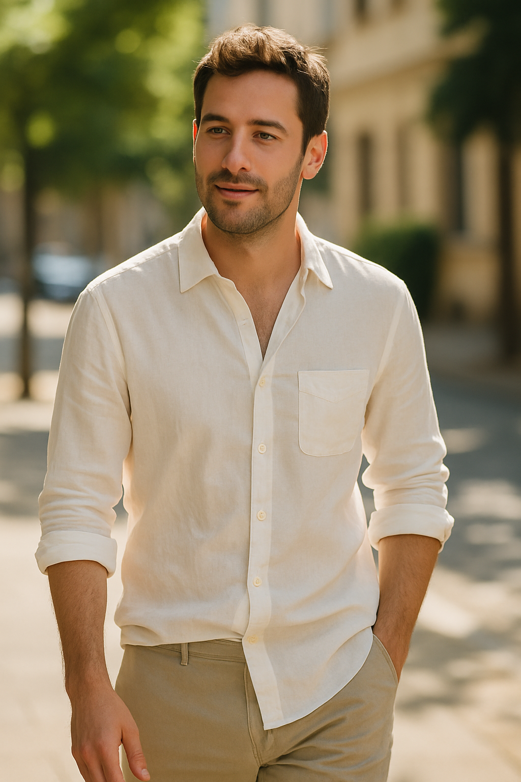 A man wearing a lightweight linen shirt, walking casually outdoors.