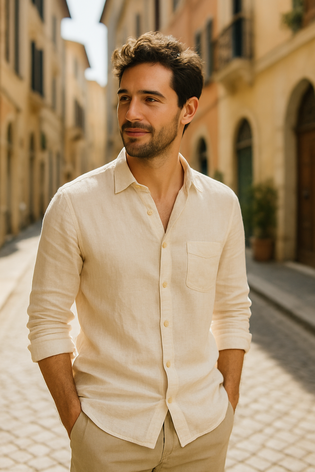 A man wearing a light linen shirt, standing in a sunny European street.