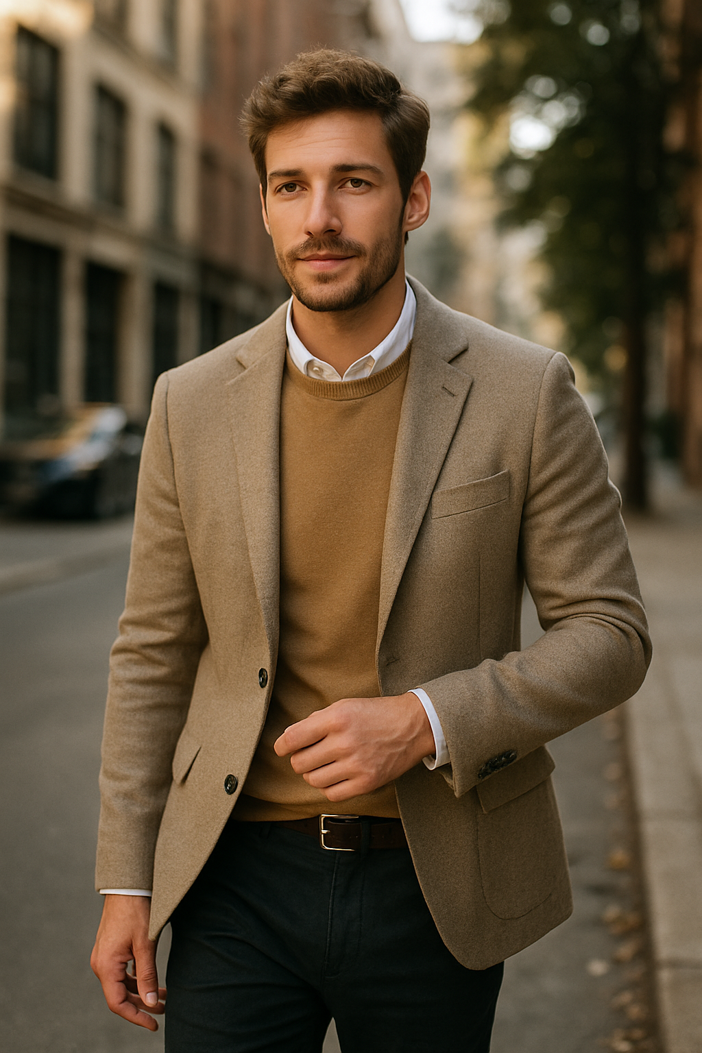A man in a smart-casual outfit featuring a linen shirt, light sweater, and blazer, walking down a city street.