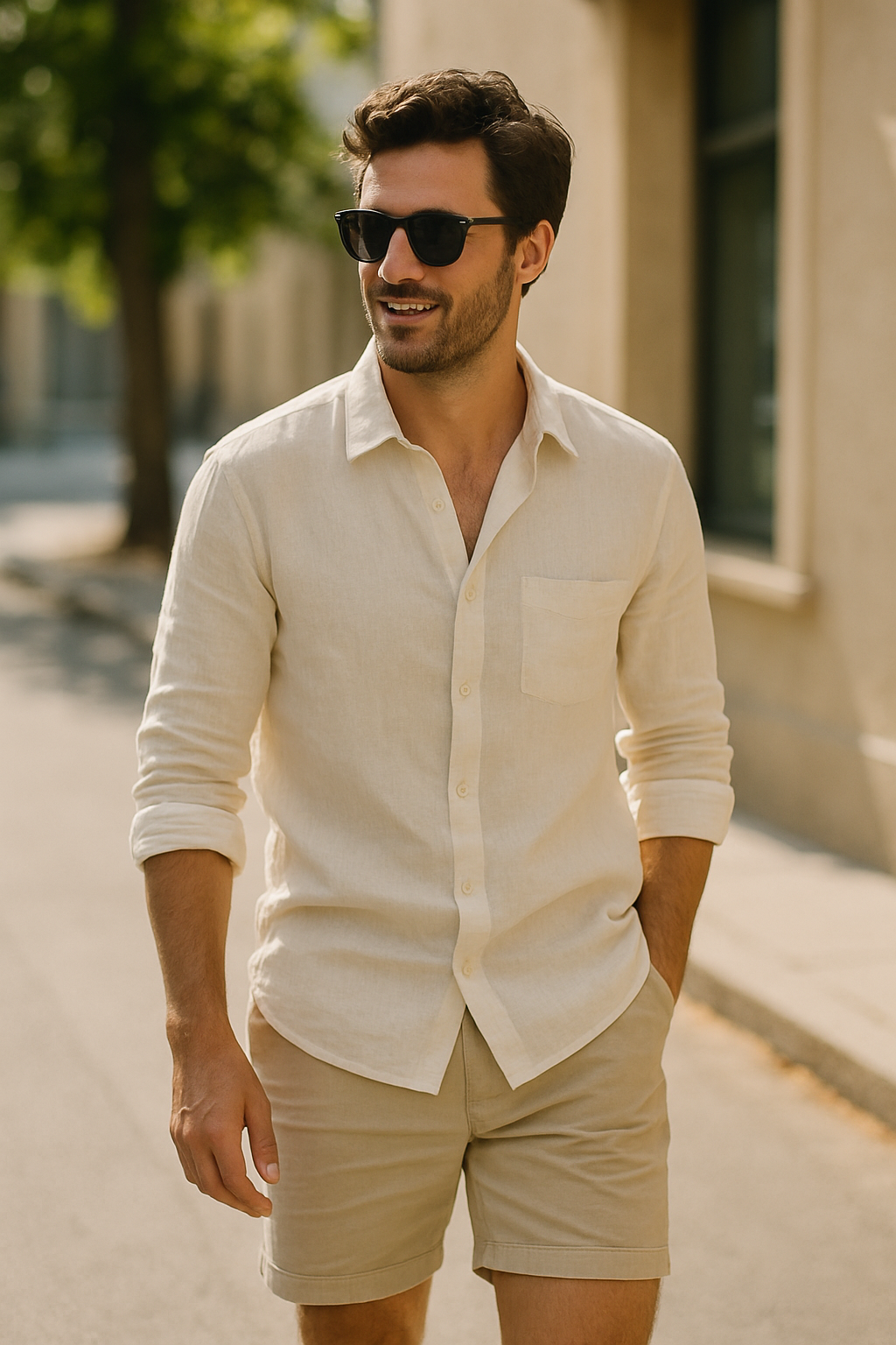 A man in a lightweight linen shirt and shorts walking outdoors