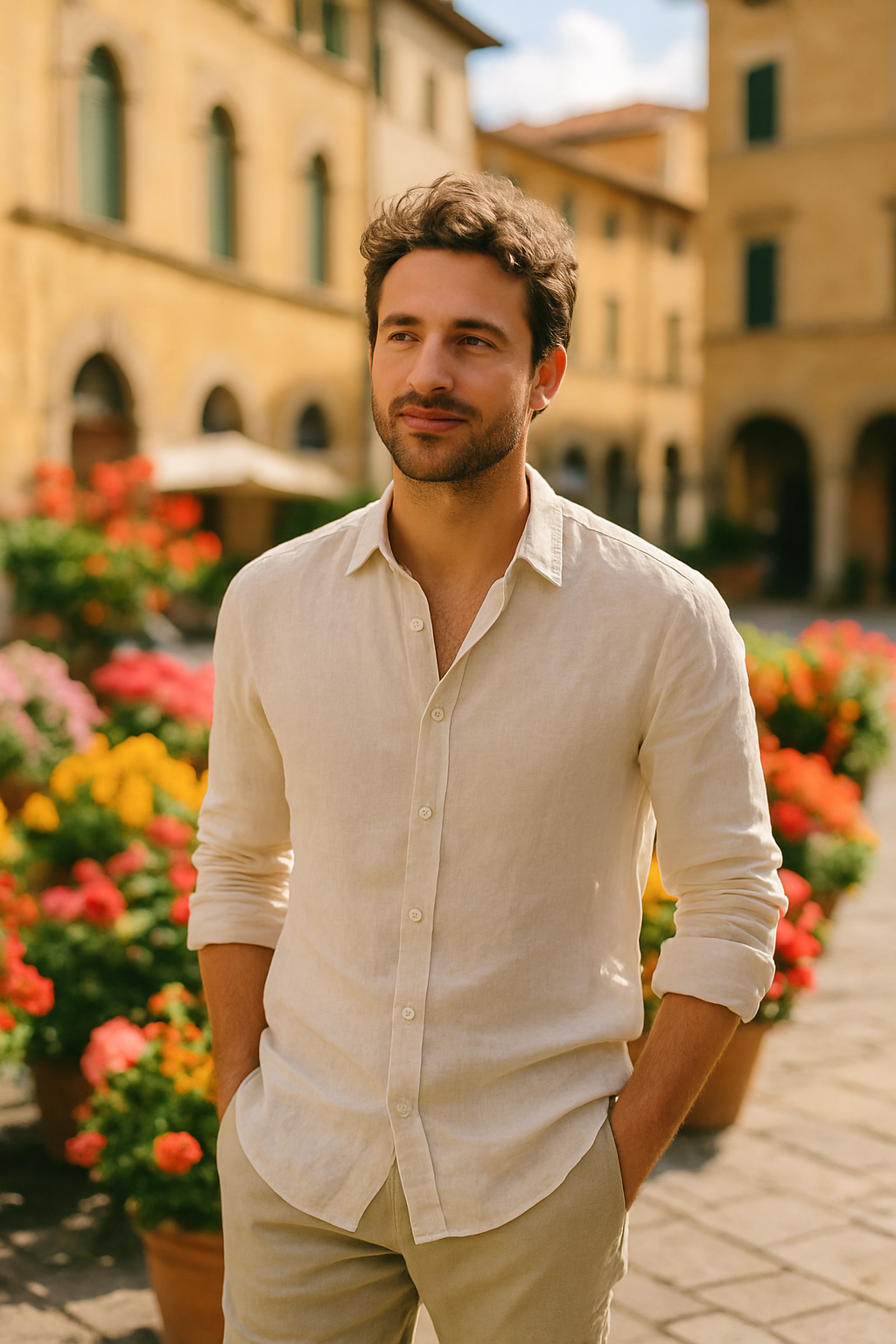 A man wearing a lightweight linen shirt in a vibrant floral piazza.