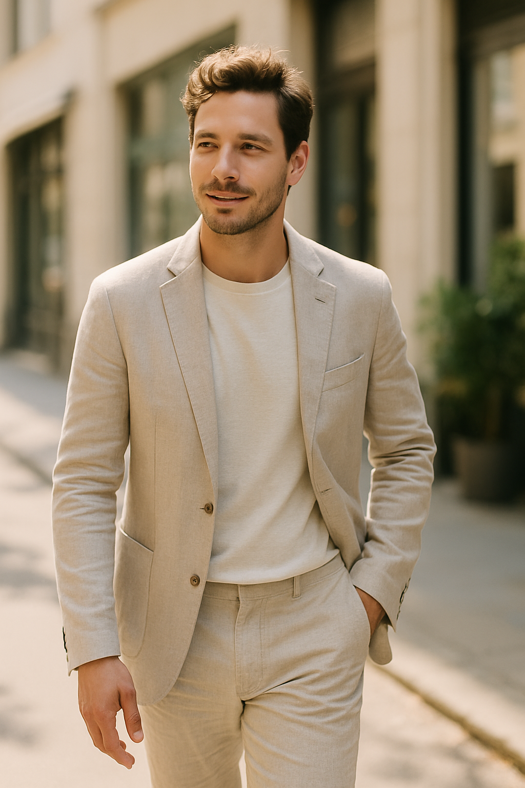 A man wearing a lightweight beige linen suit with a light shirt, walking confidently outdoors.