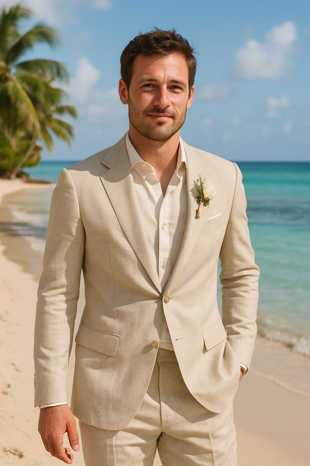Groom in a lightweight beige linen suit standing on a beach