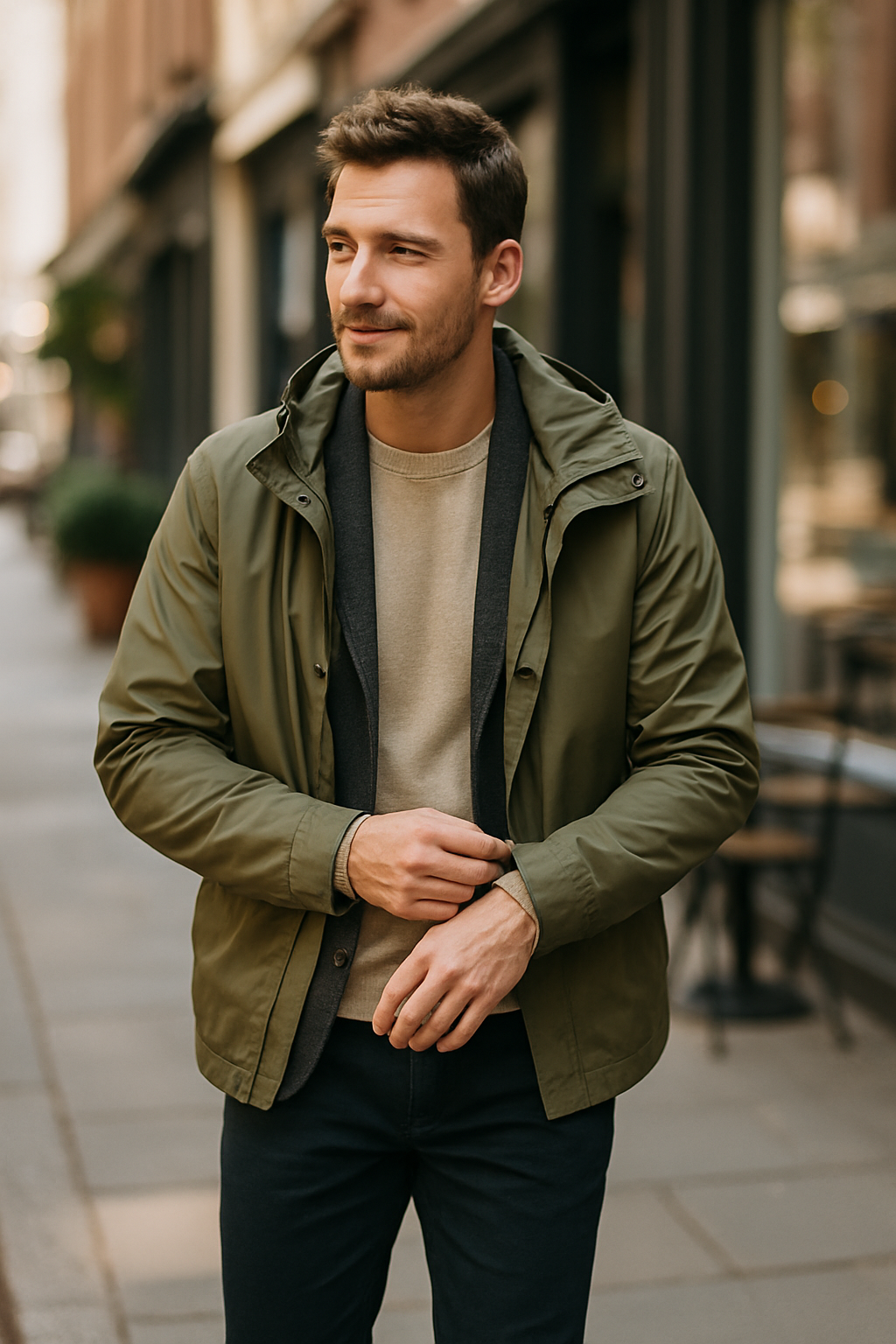 A man wearing a lightweight olive green rain jacket, standing on a city street.