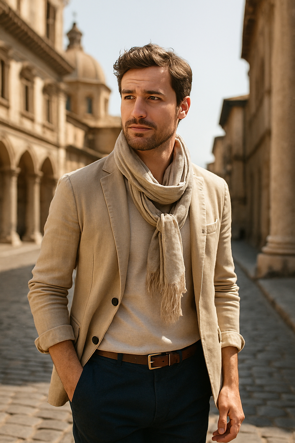 A man wearing a light-colored blazer and scarf, walking in a historic street.